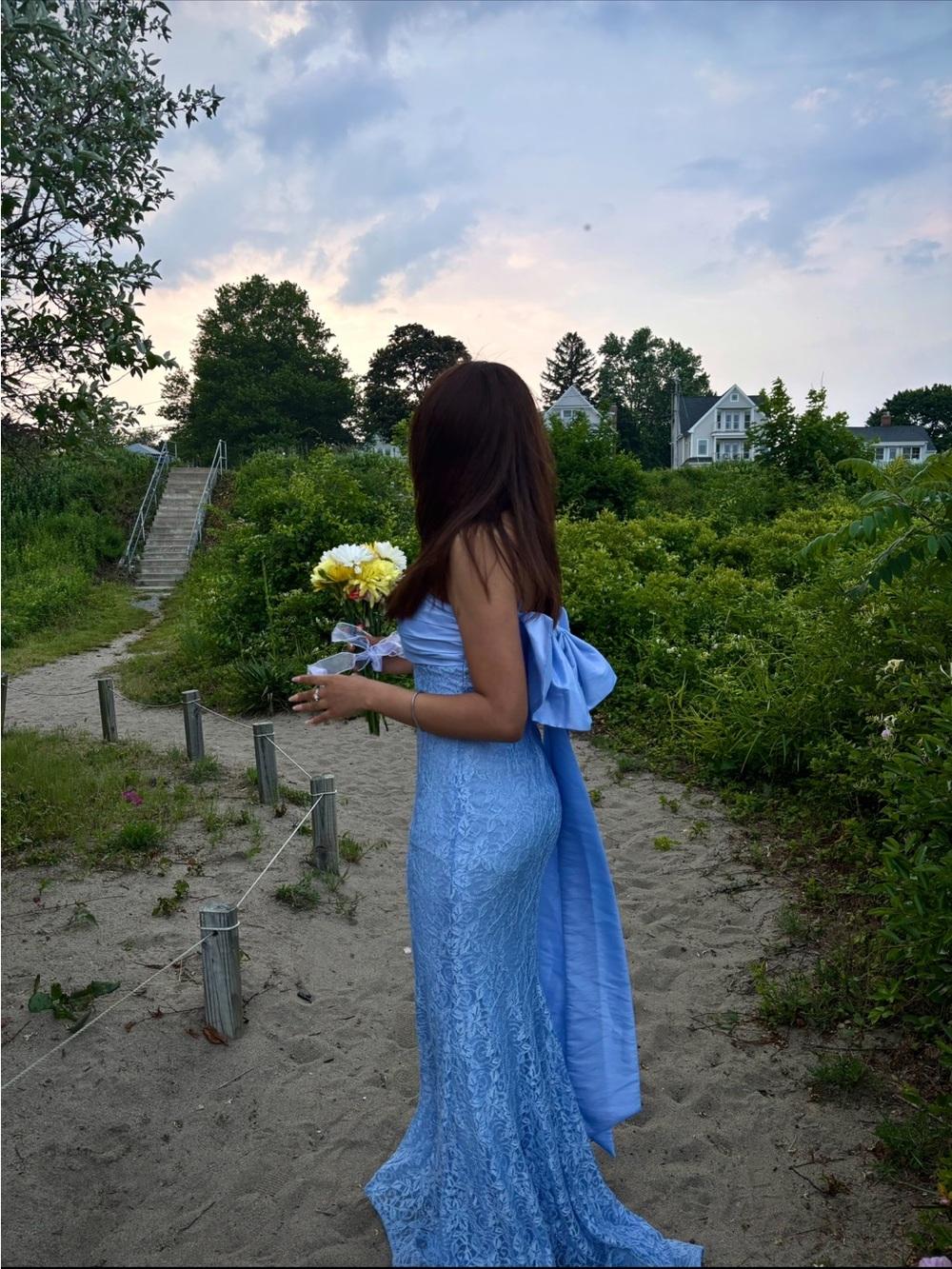 Elegant Light Blue Lace Gown with Back Bow Train